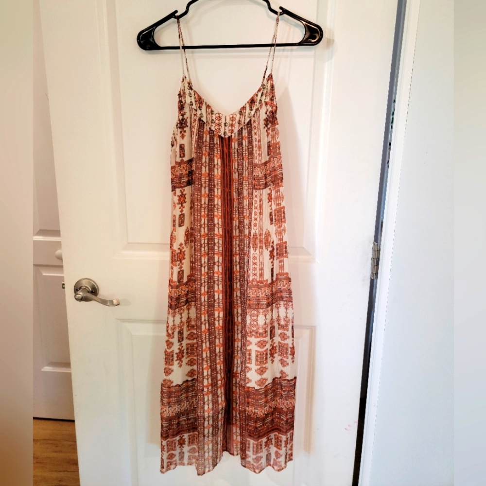 Lucky Brand Cream and Rust Printed Midi Dress